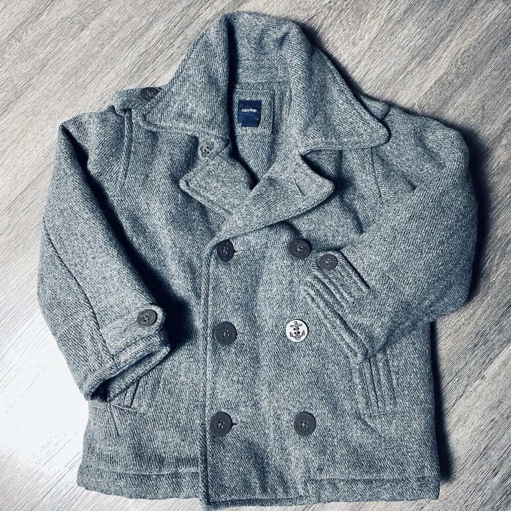 Baby Gap Toddler Wool Peacoat Jacket Lot Black Gray Size 3T Double Breasted - Picture 4 of 11